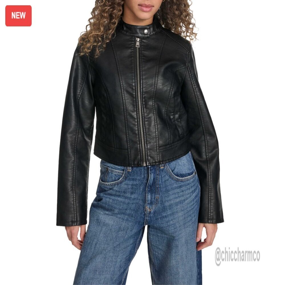 Faux Leather Racer Jacket Princess Seams Fitted Moto Chic Edgy Style